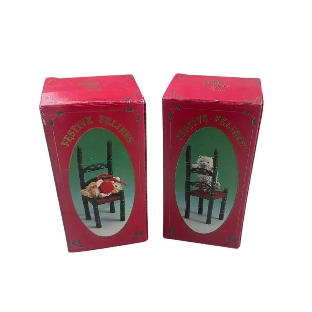 Vintage Russ Berrie Festive Felines Cats Lying/Standing On Chair Figurines
